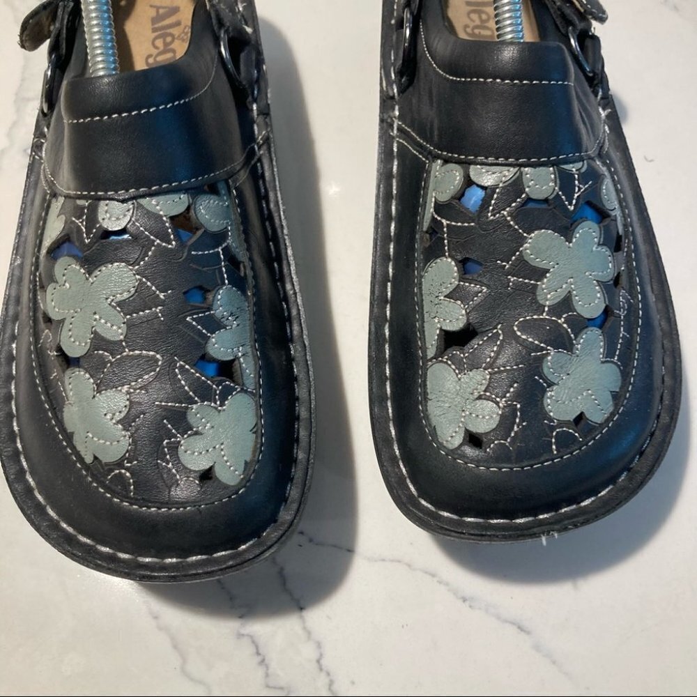 ALEGRIA Sz 36 PG Lite Slide Clog Slingback Black Teal/Gray Floral Cutout Sandals - Picture 3 of 12